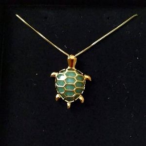 Real Jade Gold Turtle Pendant Necklace 18in